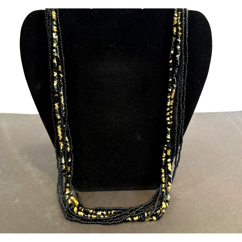 Vintage Black Yellow Gold Tone Necklace Many Strandโ Glass Seed Bead Jewelry 22"
